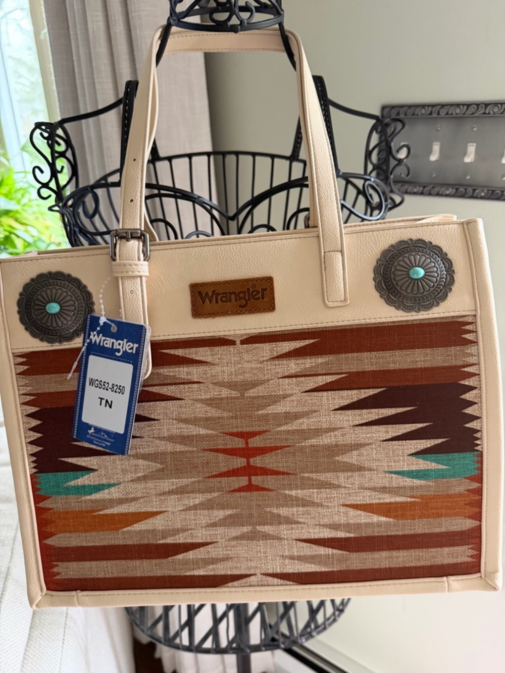 Wrangler Cream Tote with Turquoise and Rust Southwestern Panel